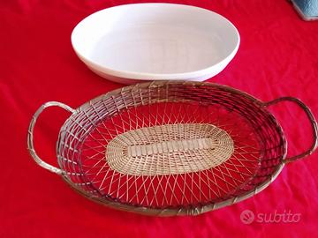 Pirofila ovale in ceramica bianca con cestino