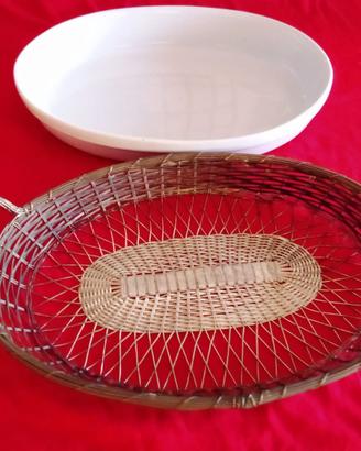 Pirofila ovale in ceramica bianca con cestino