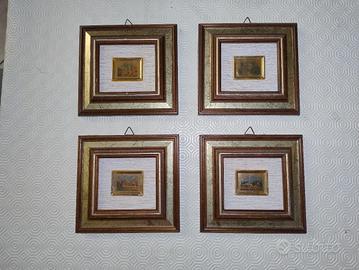 4 quadretti miniature foglia oro 23 kt cornice