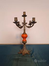 Candelabro vintage 5 fiamme in ottone e vetro