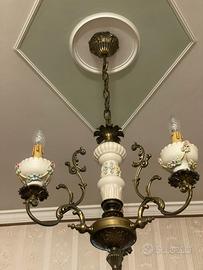 Lampadario vintage bronzo e ceramica