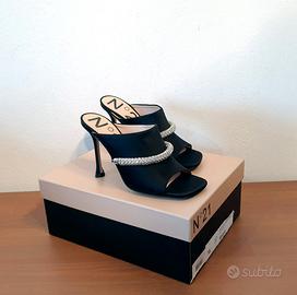 Sandali mules, tacco, raso, nero, cristalli, n.37