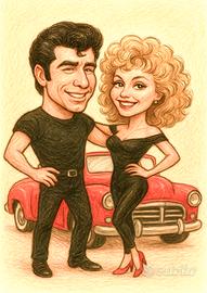 Poster Caricatura Grease Danny & Sandy