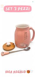 tazza mug gattino 3 pezzi colore rosa e coperchio 