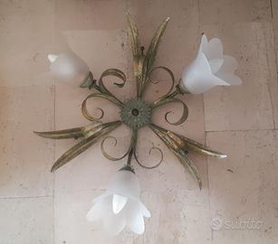 Lampadario Vintage 3 Luci in Ferro Battuto Dorato