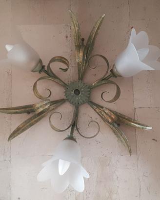 Lampadario Vintage 3 Luci in Ferro Battuto Dorato