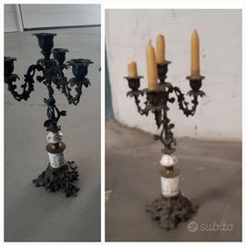 Candelabri ottone e ceramica decorata 