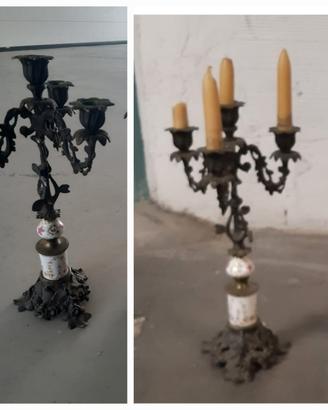 Candelabri ottone e ceramica decorata 