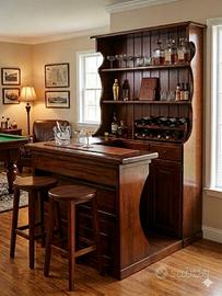 Mobile bar legno massello con 2 sgabelli
