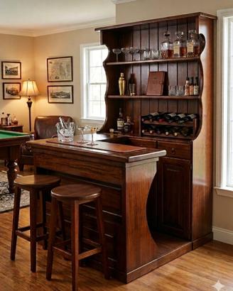 Mobile bar legno massello con 2 sgabelli