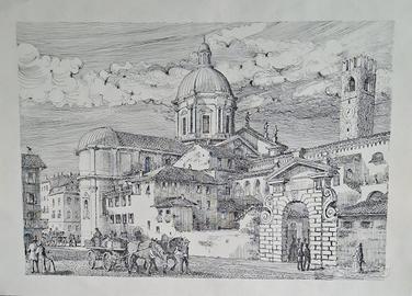 Stampa Storica di Brescia Il Duomo nuovo  Broletto
