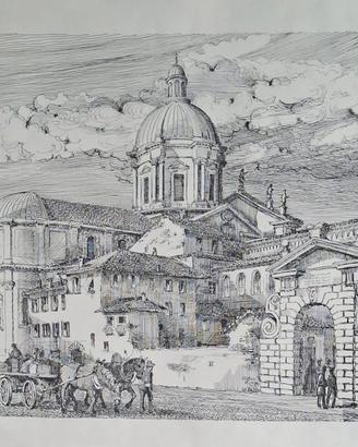 Stampa Storica di Brescia Il Duomo nuovo  Broletto