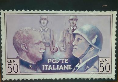Quadro olio su tela "Re d'Italia e Mussolini"