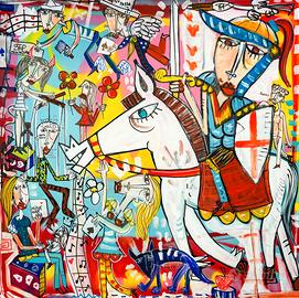 Quadro moderno olio su tela cavaliere a cavallo