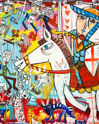 Quadro moderno olio su tela cavaliere a cavallo