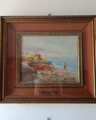 Quadro vintage  " paesaggio marino con barche " 