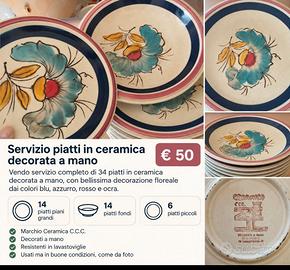 Servizio 34 piatti in ceramica decorata a mano