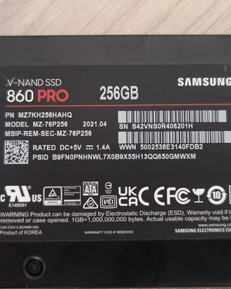 HDU SATA SSD 256GB Samsung 860 Pro buono 100%