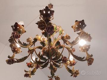 LAMPADARIO in ferro con roselline in ceramica