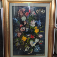 Olio su tela di Carpanini "Fiori su sfondo blu"