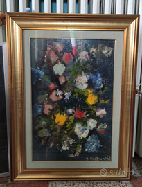 Olio su tela di Carpanini "Fiori su sfondo blu"