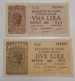 23#. Banconote 1 e 2 Lire.