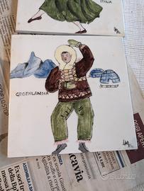 7 piastrelle ceramica decorate a mano