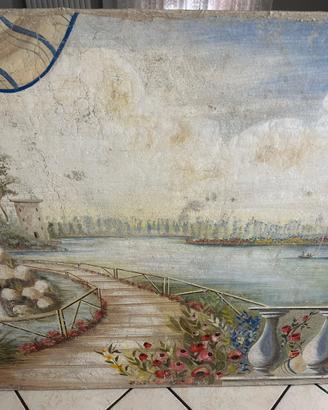Dipinto paesaggio lacustre e fiori vintage decorat