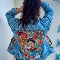 giacca jeans donna personalizzata Frida Kahlo perl