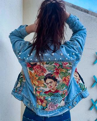 giacca jeans donna personalizzata Frida Kahlo perl