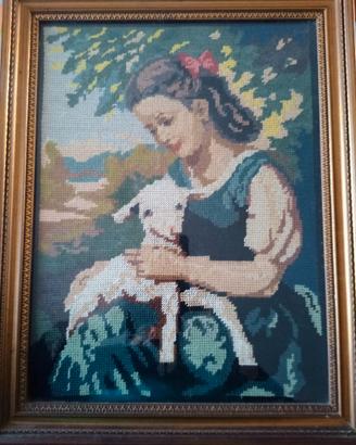 Antico quadro vintage ricamo punto erba
