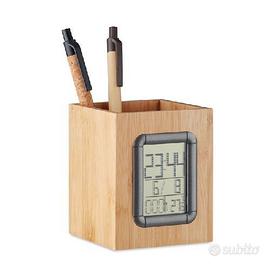 Portapenne in bamboo con orologio e termometro