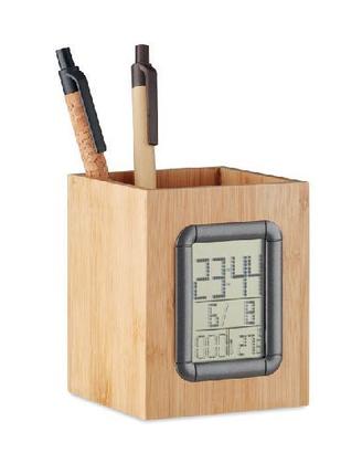 Portapenne in bamboo con orologio e termometro