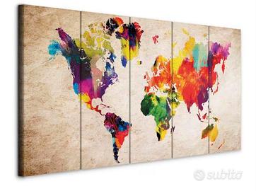 Quadro su tela mappa del mondo colorata 5 pannelli