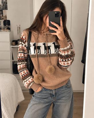 Maglione donna con cappuccio renne pompon etnica 