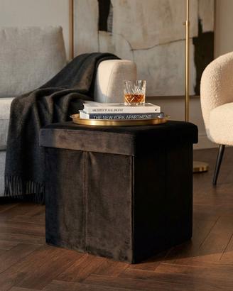 Pouf Quadrato in Velluto Nero Poggiapiedi 38 cm
