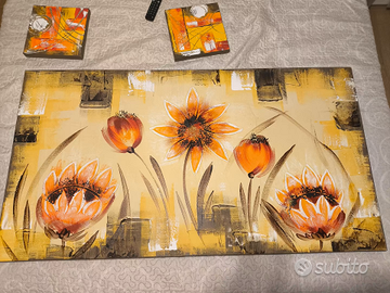 Quadro con fiori e 2 quadri astratti