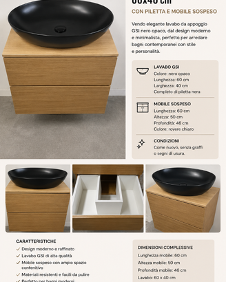 Mobile bagno sospeso 60 cm + Lavabo GSI Nero Opaco