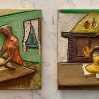 Coppia piastrelle in cotto decorate a mano