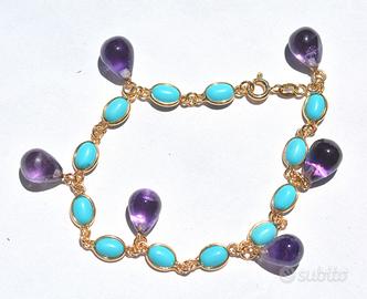 Bracciale oro  cabochon Turchese e gocce  Ametista