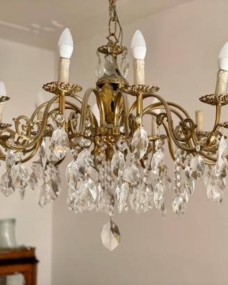 Grande lampadario 12 luci in ottone con pendenti