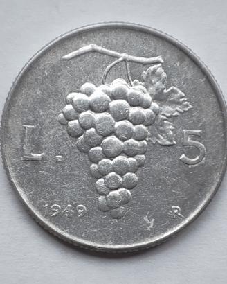 Moneta 5 Lire 1949 "Uva" Repubblica Italiana