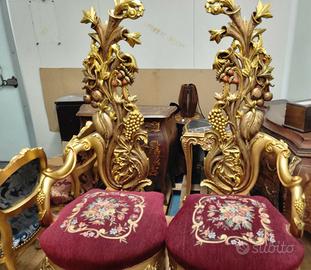 COPPIA DI POLTRONE TRONO IN LEGNO E TESSUTO