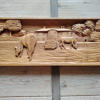 Bassorilievo quadro scolpito in legno cavalli