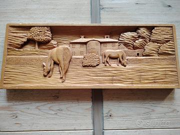 Bassorilievo quadro scolpito in legno cavalli