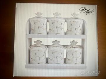 Set Shabby cucina 6 barattoli spezie e mensola