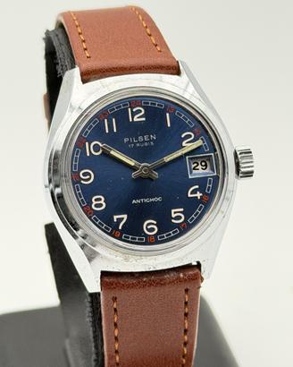 pilsen blue vintage watch nos swiss made 33mm
