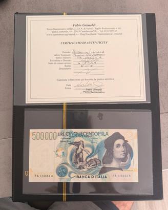 banconota 500.000 lire FDS + Certificazione