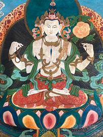 Thangka Tara bianca 4 braccia dipinto seta Tibet