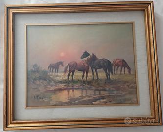 Quadro Dipinto Olio Inigio Pagliani Cavalli